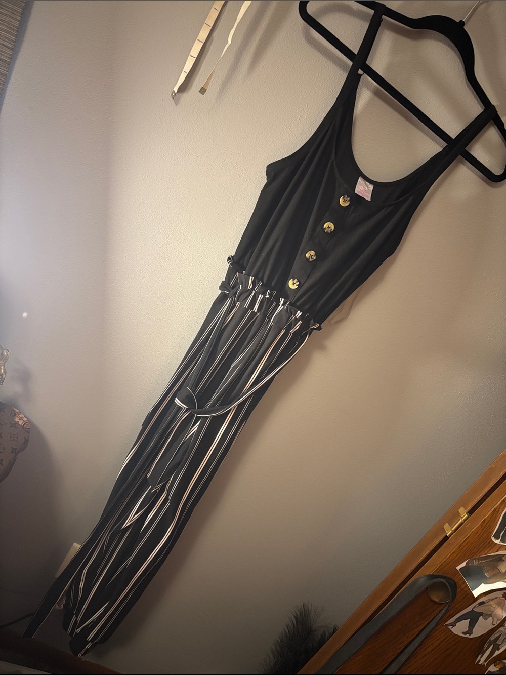 striped jumpsuit / No Boundaries Black Tank Jumpsuit with Buttons